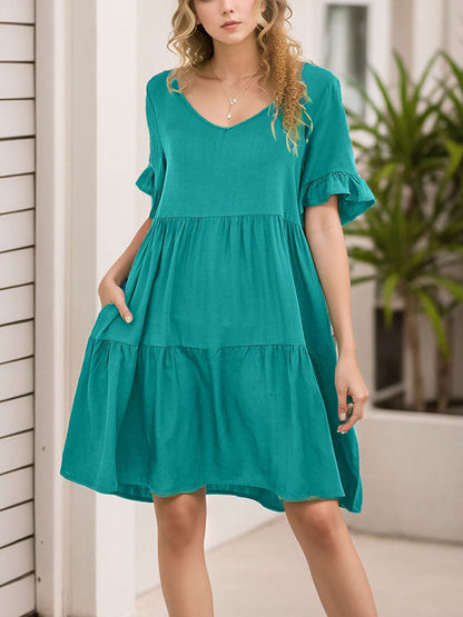 A-Line Flared Sleeves Pleated Pockets Ruffled Solid Color Split-Joint Round-Neck Mini Dresses