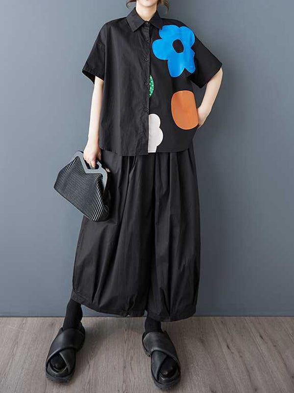 Loose Short Sleeves Buttoned Flower Print Lapel Blouses&Shirts Tops