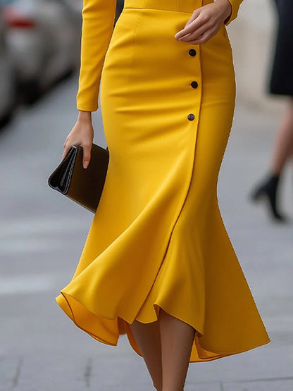 Bodycon High-Low Buttoned Solid Color Lapel Midi Dresses