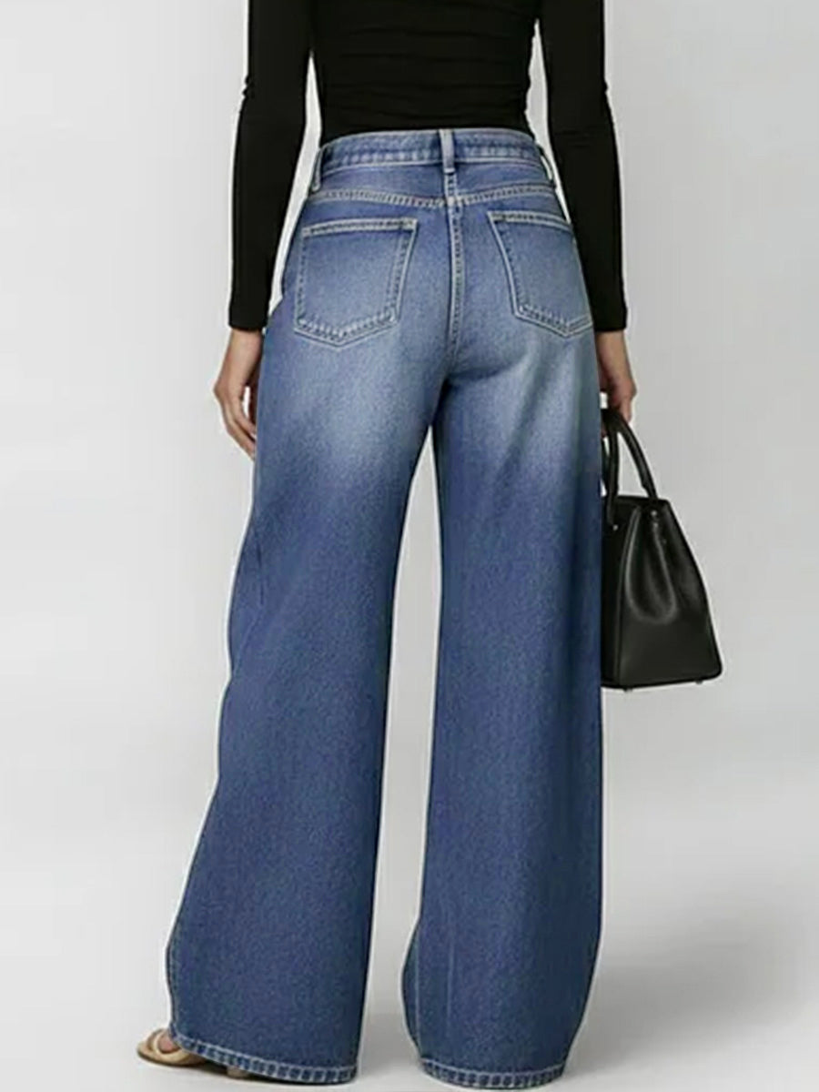 Split-Joint Pockets Hollow Geometric Buttoned Wide Leg Loose Jean Pants Bottoms