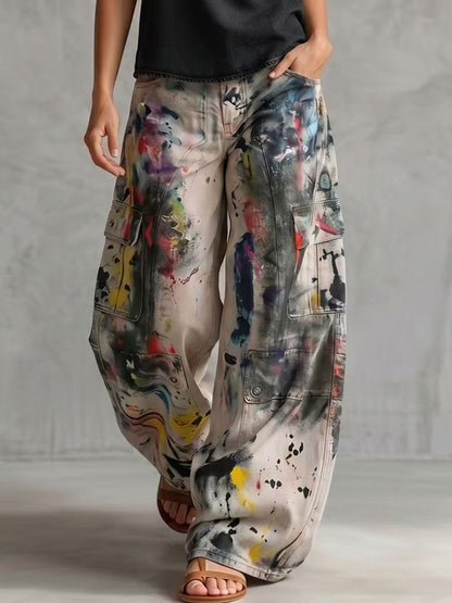 High Waisted Wide Leg Buttoned Contrast Color Graffiti Printed Pockets Jean Pants Bottoms