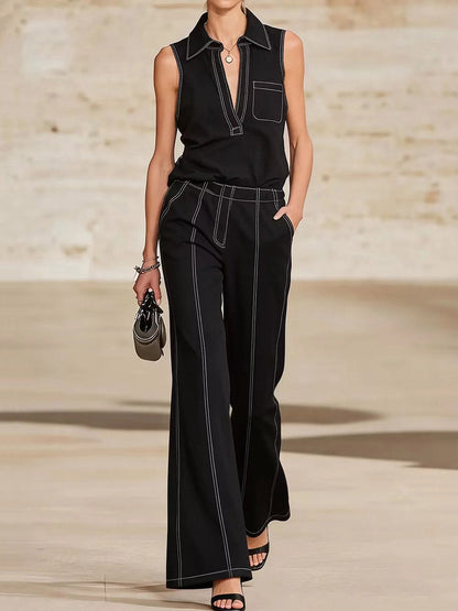 High Waisted Wide Leg Line Pockets Solid Color Pants Trousers