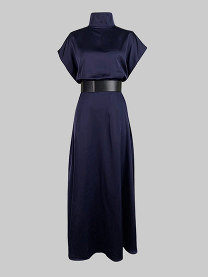 Loose Raglan Sleeve Solid Color Split-Joint Tied Waist High Neck Maxi Dresses