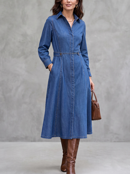 Split-Joint Solid Color Pockets Buttoned Long Sleeves High Waisted Lapel Midi Dresses