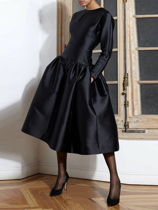 Long Sleeves Solid Color Round-Neck Midi Dresses BLACK