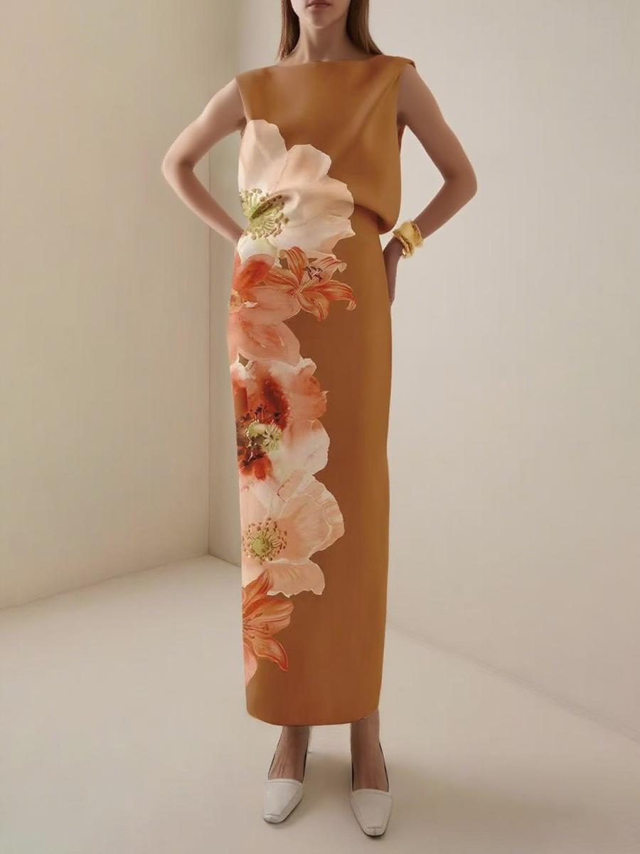 Sleeveless Flower Print Round-Neck Maxi Dresses