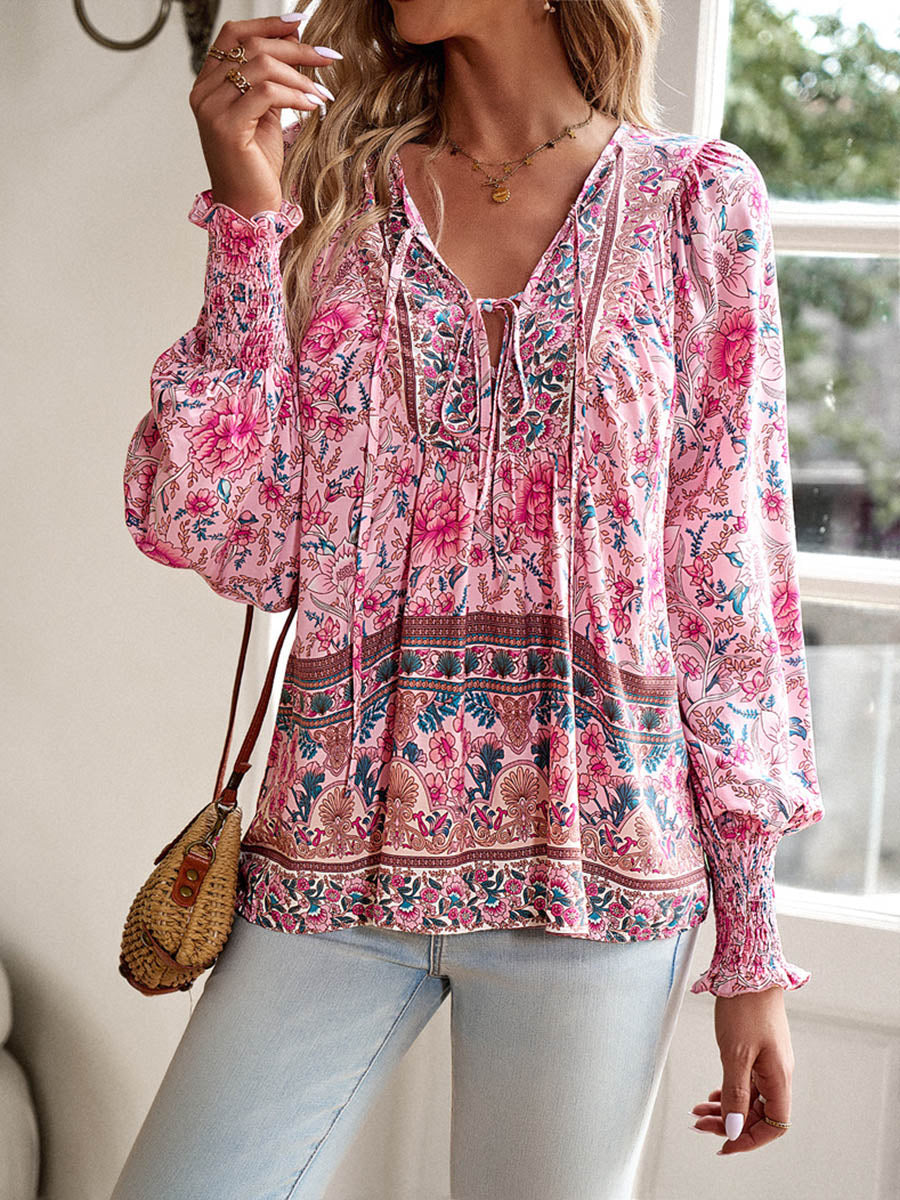 Long Sleeves Loose Contrast Color Drawstring Flower Print Pleated Split-Joint V-Neck Blouses&Shirts Tops