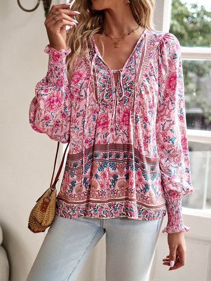 Long Sleeves Loose Contrast Color Drawstring Flower Print Pleated Split-Joint V-Neck Blouses&Shirts Tops
