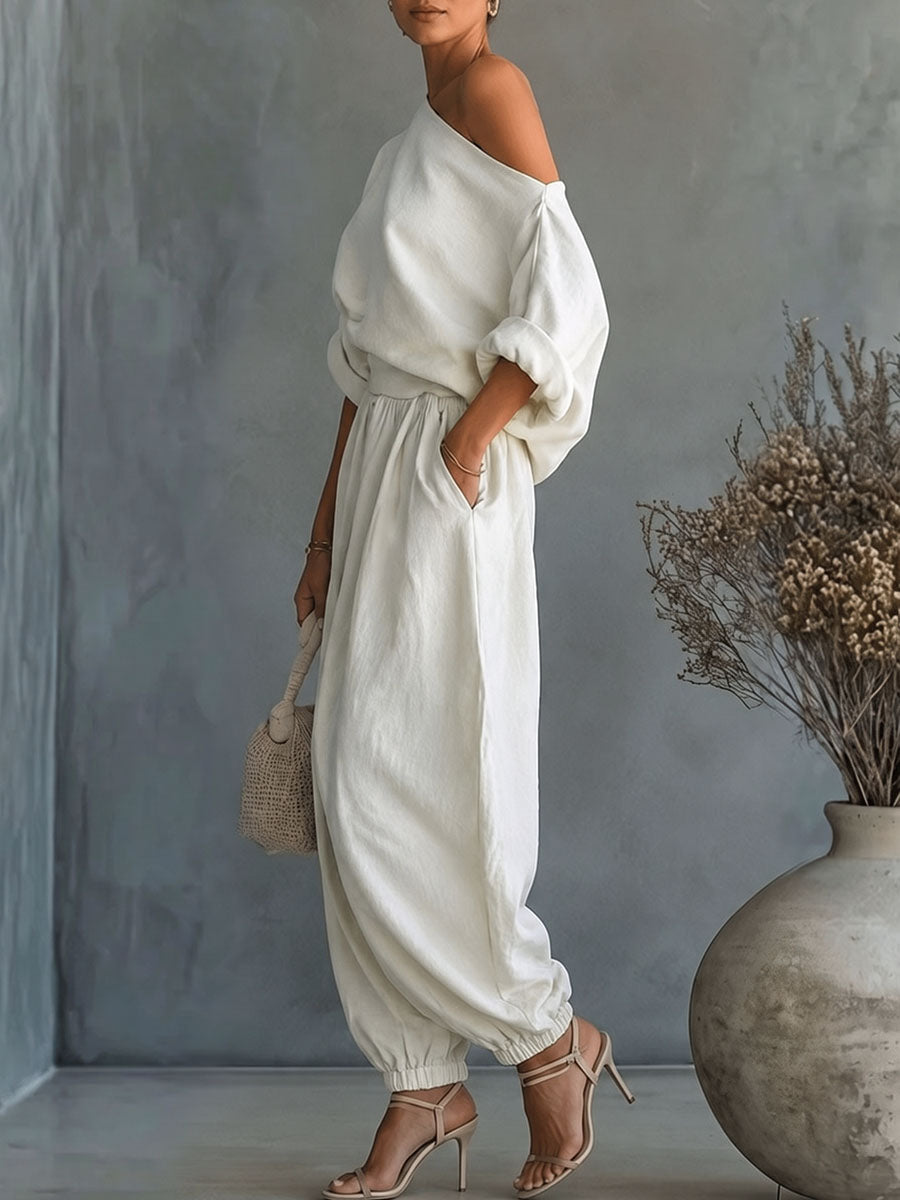 Half Sleeves Loose Solid Color One-Shoulder Blouses&Shirts Tops