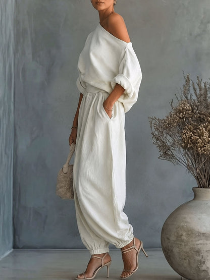 Half Sleeves Loose Solid Color One-Shoulder Blouses&Shirts Tops