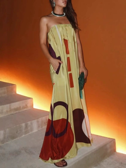 Unique Printed Off Shoulder Pocketed Loose Maxi Dress