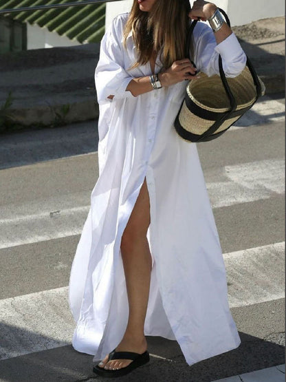 Long Sleeves Loose Buttoned Solid Color Split-Side Lapel Maxi Shirt Dress