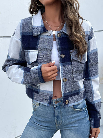 Long Sleeves Loose Buttoned Plaid Pockets Split-Joint Lapel Jackets Outerwear