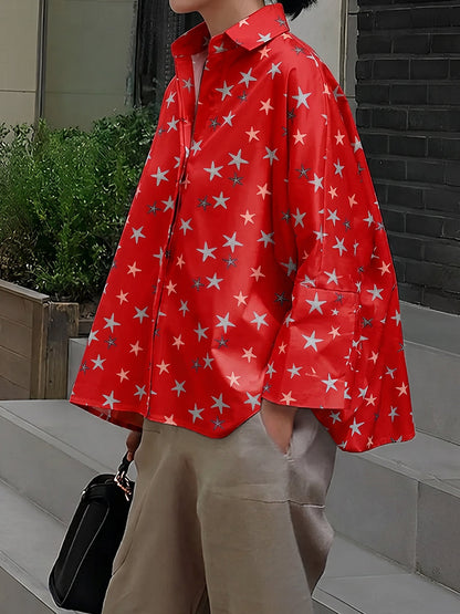 Batwing Sleeves Long Sleeves Buttoned Contrast Color Printed Lapel Blouses&Shirts Tops
