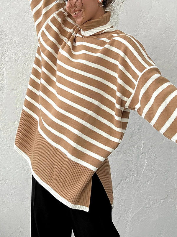 High-Low Long Sleeves Split-Joint Split-Side Striped High Neck Sweater Tops