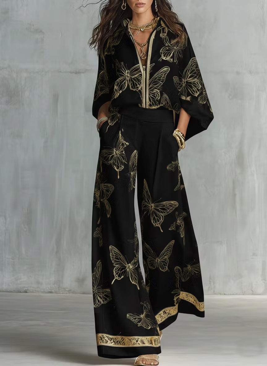 High Waisted Wide Leg Butterfly Print Contrast Color Pockets Pants Trousers