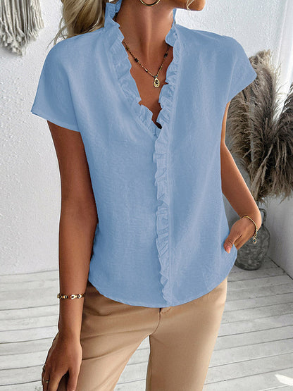 Loose Short Sleeves Ruffle Trim Solid Color V-Neck Blouses&Shirts Tops