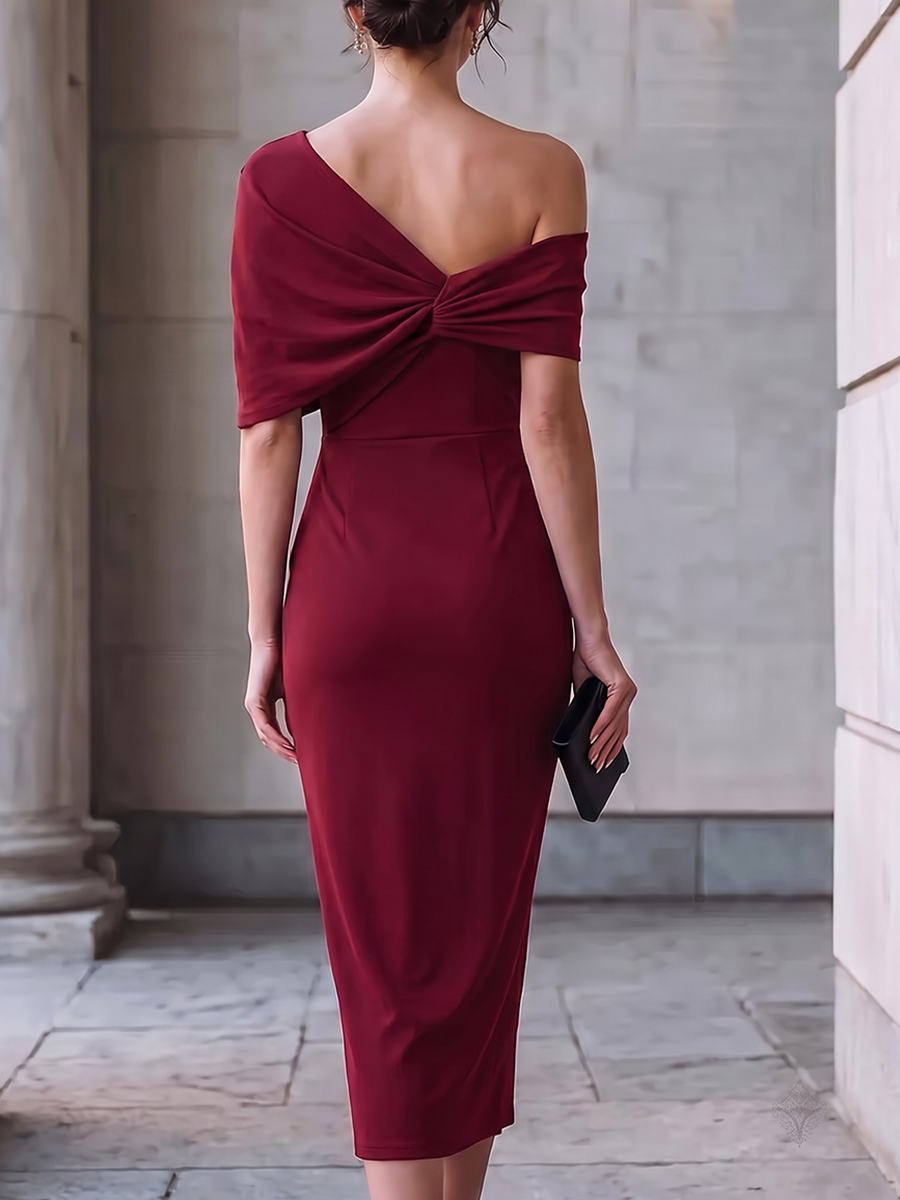 Split-front Solid Color Backless Short Sleeves Plus Size One-shoulder Midi Dresses