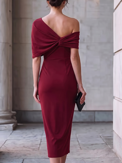 Split-front Solid Color Backless Short Sleeves Plus Size One-shoulder Midi Dresses