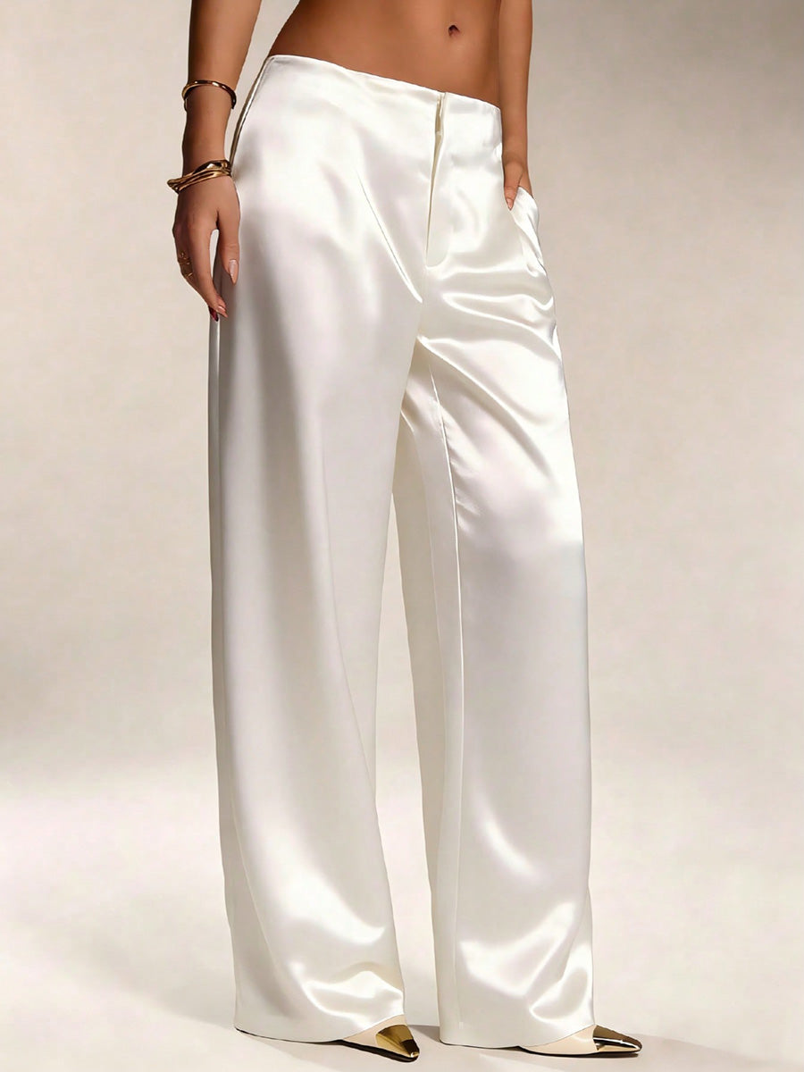 High Waisted Loose Pockets Solid Color Zipper Pants Trousers