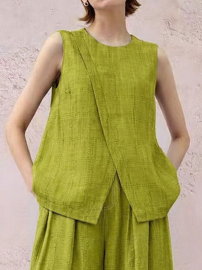 Loose Sleeveless Asymmetric Solid Color Round-Neck Blouses&Shirts Tops