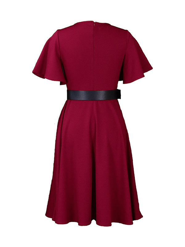 Irregular Clipping Plus Size Belted Solid Color Round-Neck Midi Dresses