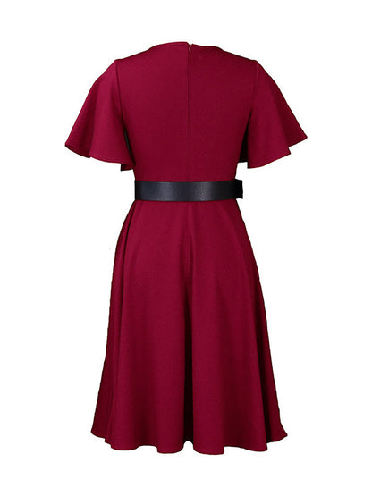 Irregular Clipping Plus Size Belted Solid Color Round-Neck Midi Dresses