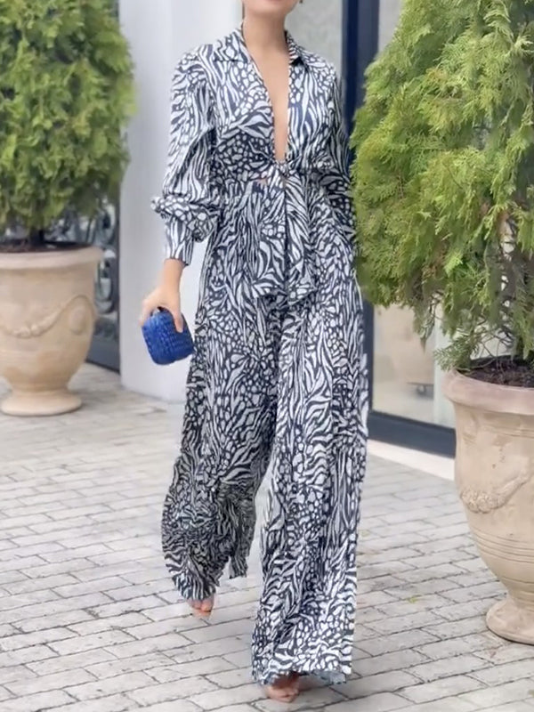 Loose Puff Sleeves Pleated Printed Split-Joint Deep V-Neck Jumpsuits