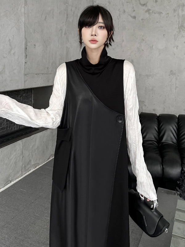 Irregularity Loose Asymmetric Buttoned Solid Color Split-Joint High Neck Midi Dresses