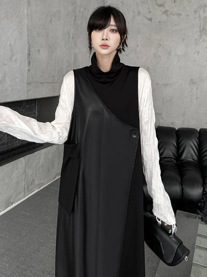 Irregularity Loose Asymmetric Buttoned Solid Color Split-Joint High Neck Midi Dresses