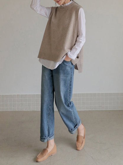 Simple Sleeveless Loose Buttoned Solid Color Round-Neck Sweater Vest Outerwear
