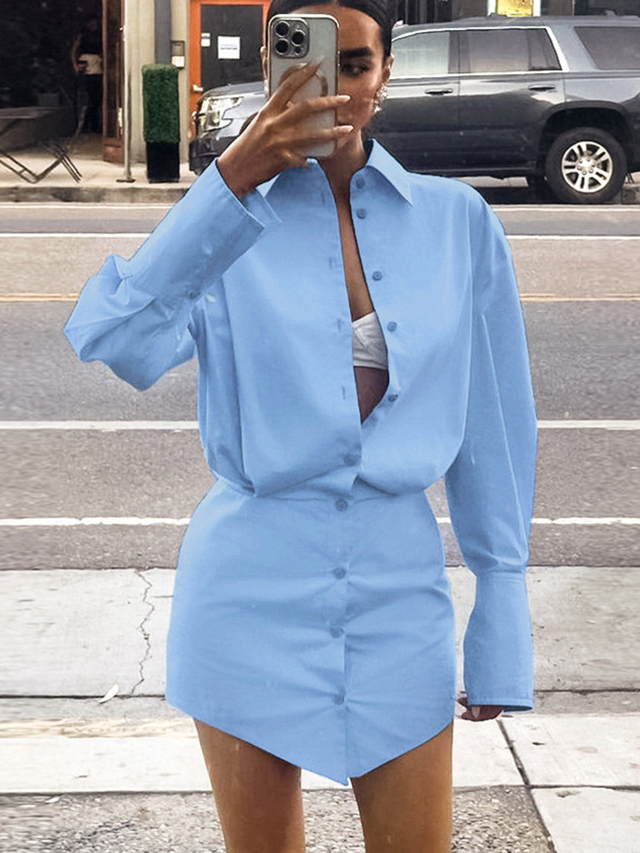 Long Sleeves Loose Buttoned Solid Color Split-Joint Twist Lapel Mini Dresses Shirt Dress