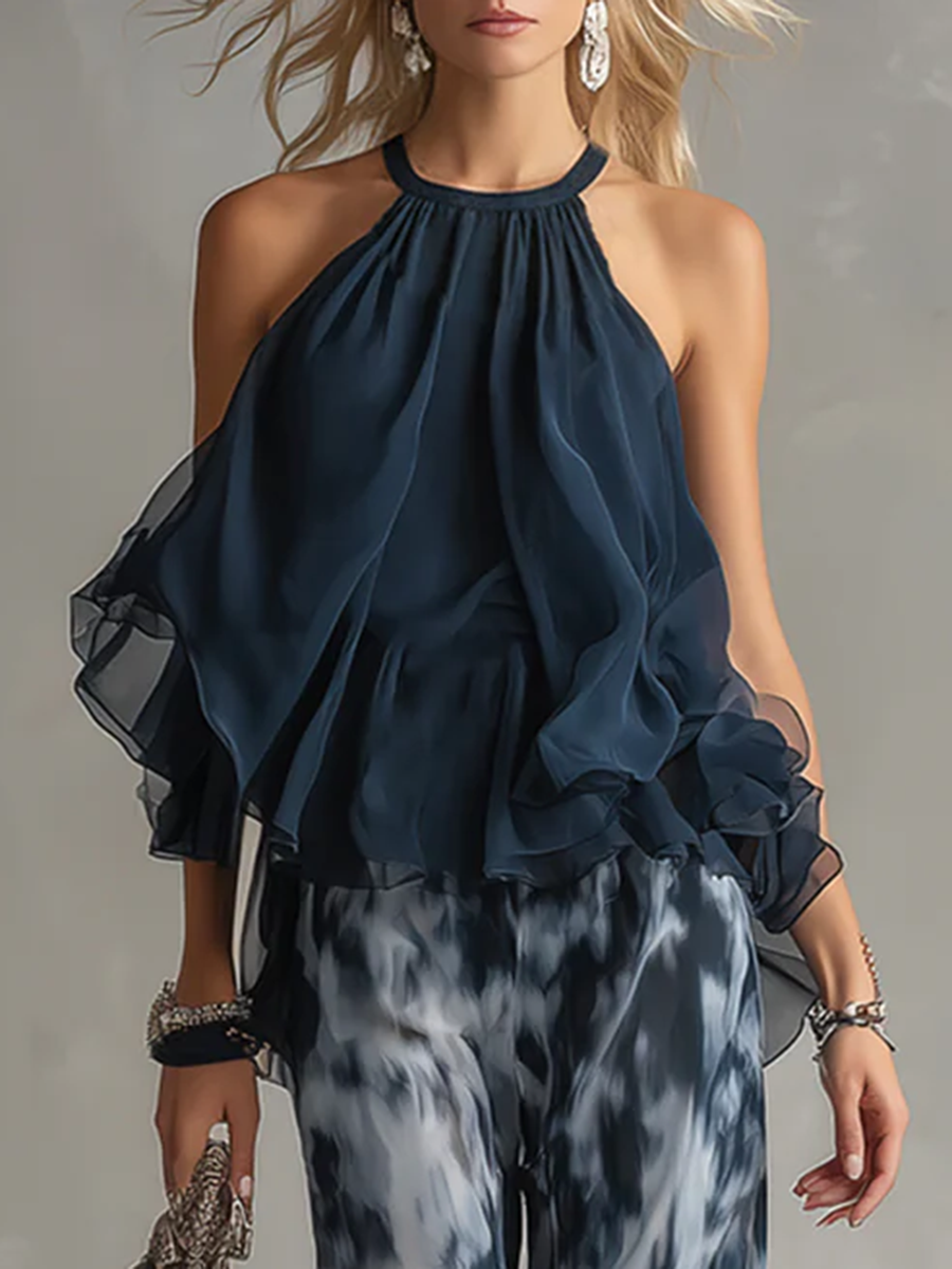 A-Line Sleeveless Pleated Ruffled Solid Color Halter-Neck Tank Top