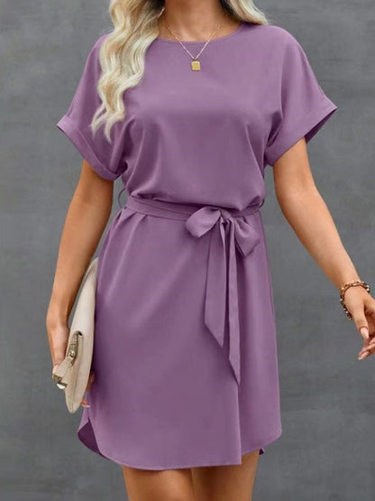 Loose Short Sleeves Solid Color Tied Waist Round-Neck Mini Dresses