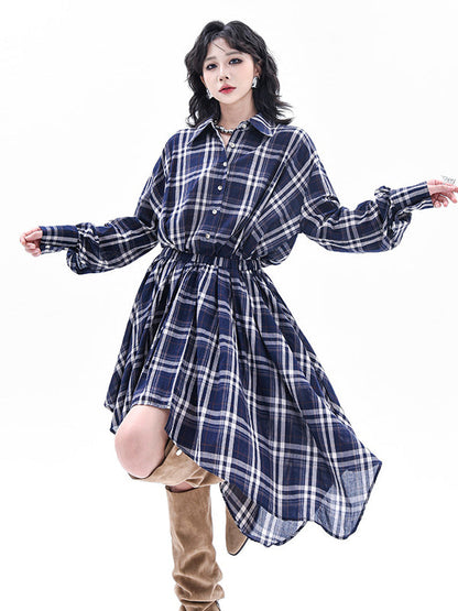 High-Low Irregularity Elasticity Plaid Lapel Collar Midi Dresses