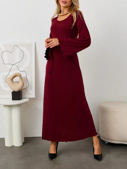 Long Sleeves Pleated Ruffled Solid Color Split-Joint Round-Neck Maxi Dresses
