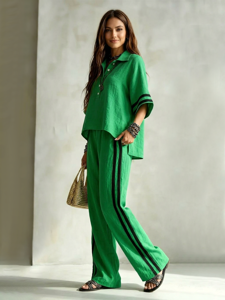 Striped Pockets Elasticity Contrast Color Wide Leg High Waisted Trousers Pants