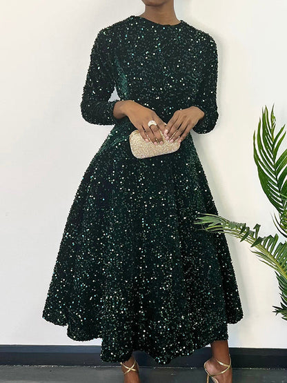 Robe longue trapèze taille haute à paillettes, fermeture éclair fendue et col rond 