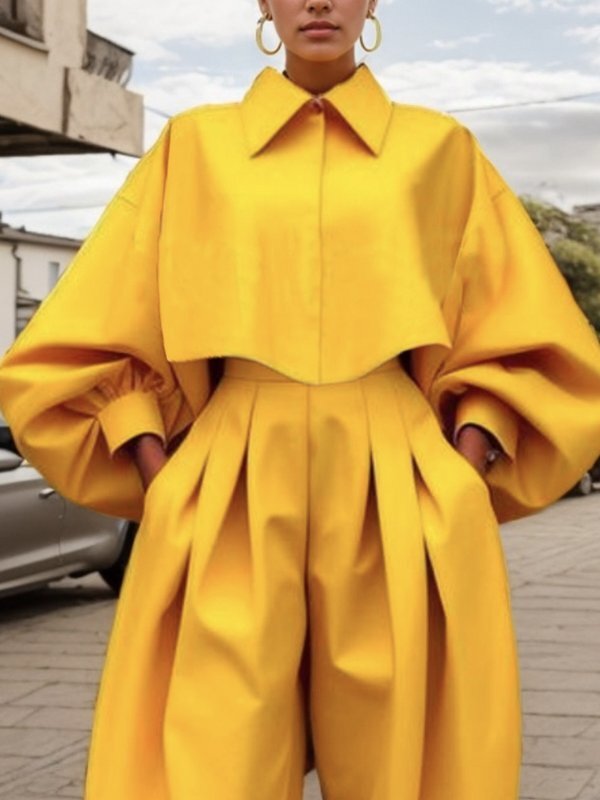 Long Sleeves Loose Buttoned Pleated Solid Color Lapel Blouses&Shirts Tops YELLOW