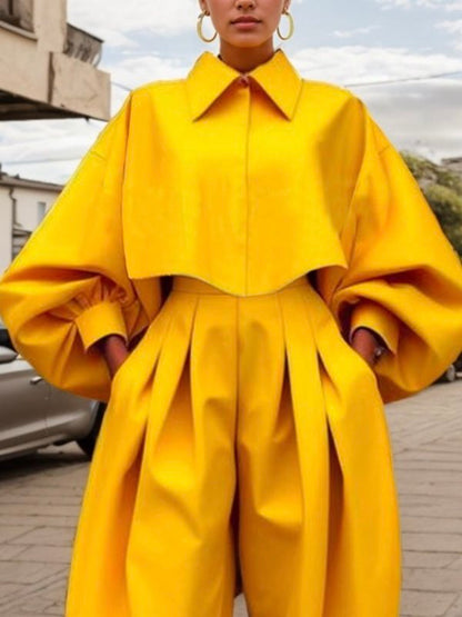 Long Sleeves Loose Buttoned Pleated Solid Color Lapel Blouses&Shirts Tops YELLOW