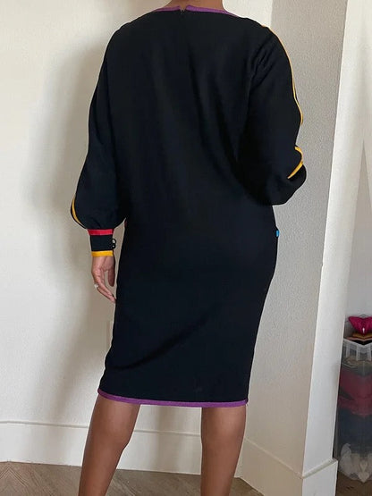 Long Sleeves Puff Sleeves Contrast Color Pockets Round-Neck Midi Dresses