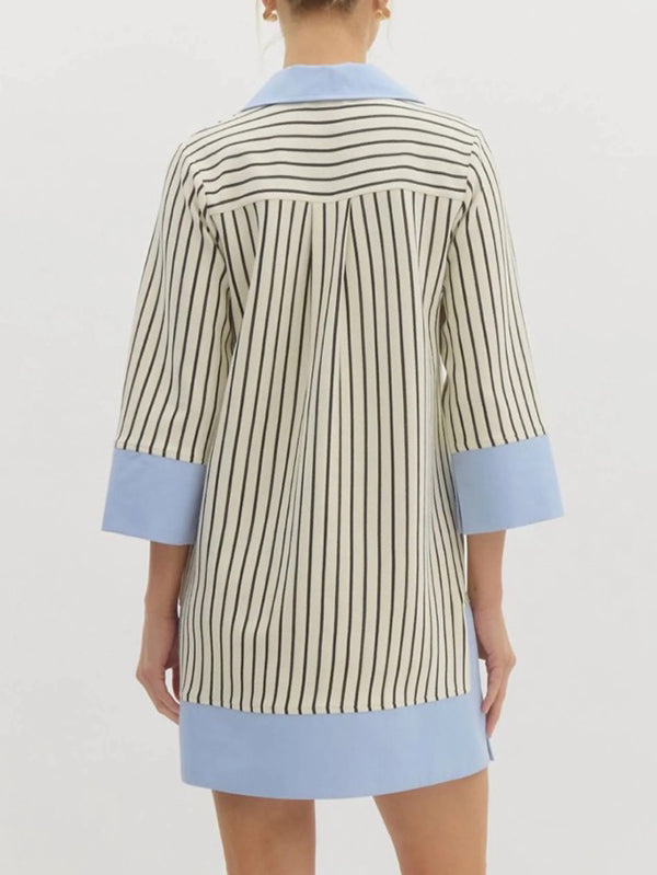 Loose Three-Quarter Sleeves Contrast Color Striped Stand Collar Mini Dresses