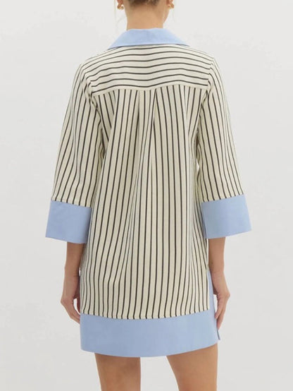 Loose Three-Quarter Sleeves Contrast Color Striped Stand Collar Mini Dresses