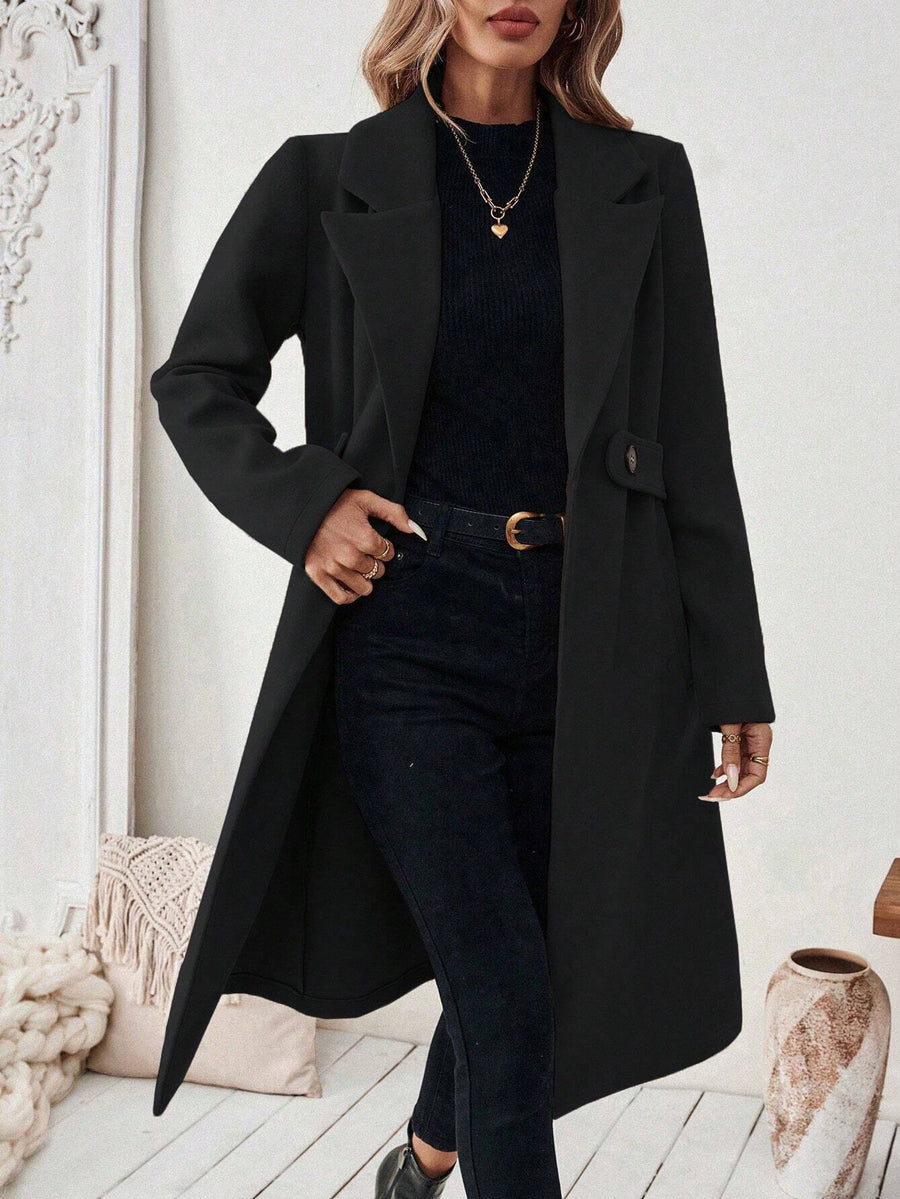 Solid Color Pockets Buttoned Loose Long Sleeves Notched Collar Woolen Coat