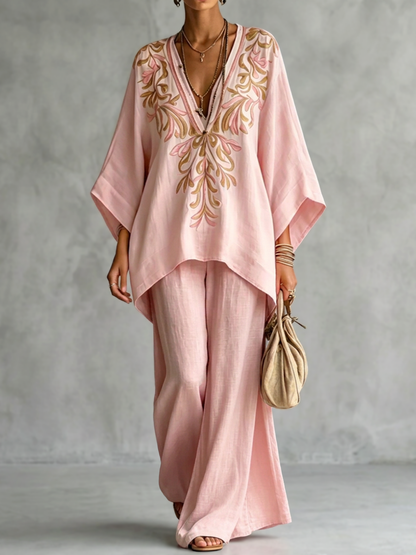 Batwing Sleeves High-Low Printed Solid Color Deep V-Neck Blouses&Shirts Tops Pants Trousers Two Pieces Set