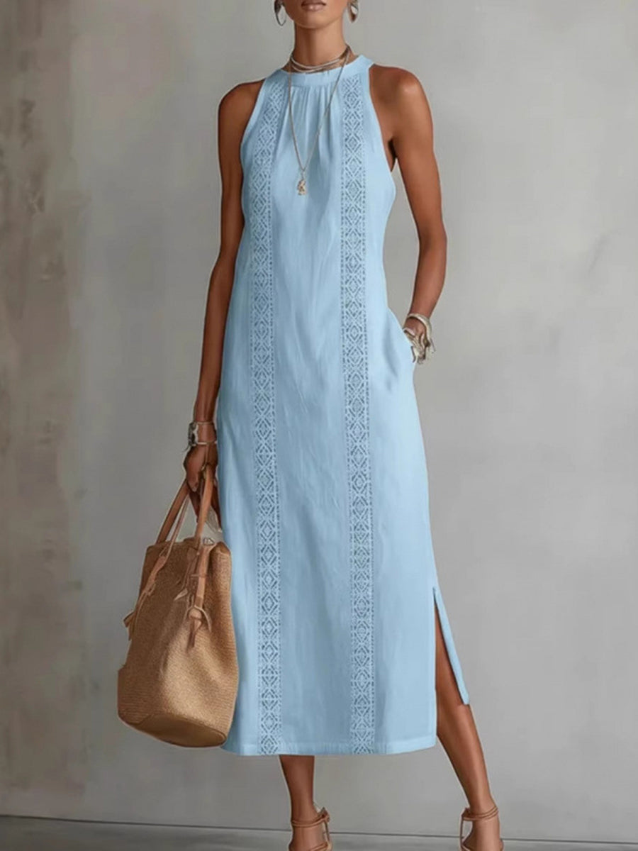 Sleeveless High-Waisted Pockets Printed Solid Color Halter-Neck Midi Dresses