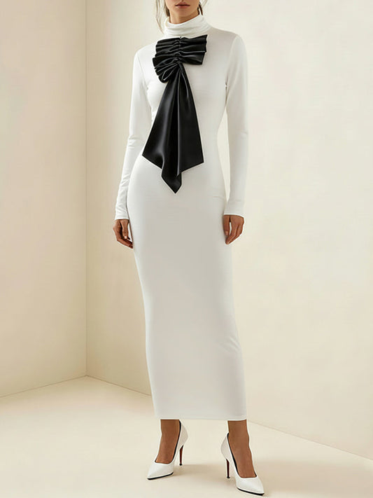 Bodycon Long Sleeves Bow-Embellished Contrast Color Half Turtleneck Maxi Dresses
