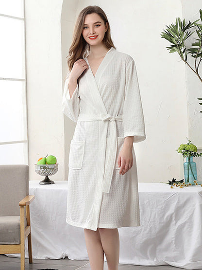 Comfortable Solid Bandage Thin Pajama Robe WHITE Women