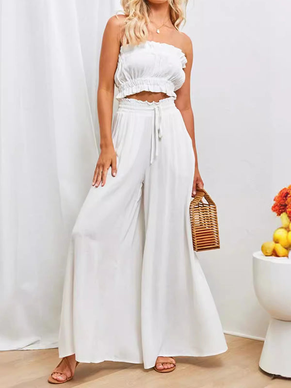 High Waisted Loose Drawstring Elasticity Pleated Pockets Solid Color Pants Trousers