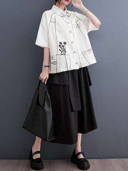 Loose Short Sleeves Contrast Color Printed Split-Joint Lapel Blouses